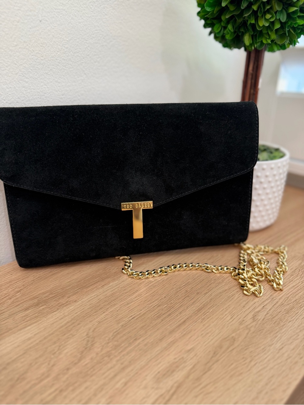 Ted Baker Black Suede Clutch with Gold Chain